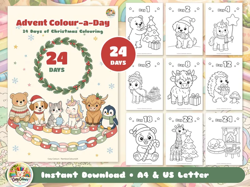 Advent Colour-a-Day cover with cute animals and a paper chain