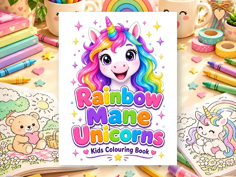 Rainbow Mane Unicorns kids colouring book cover